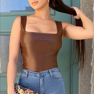 Shein Brown Zipper Leather Tank Top